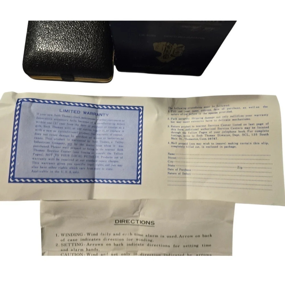 Vtg Seth‎ Thomas Travel Alarm Clock Gold Tone Black Leather Case Wind Up NIB